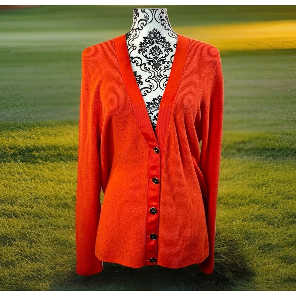 Talbots V Neck Cardigan Sweater Woman Sz Large Orange Cotton Blend Clean Girl